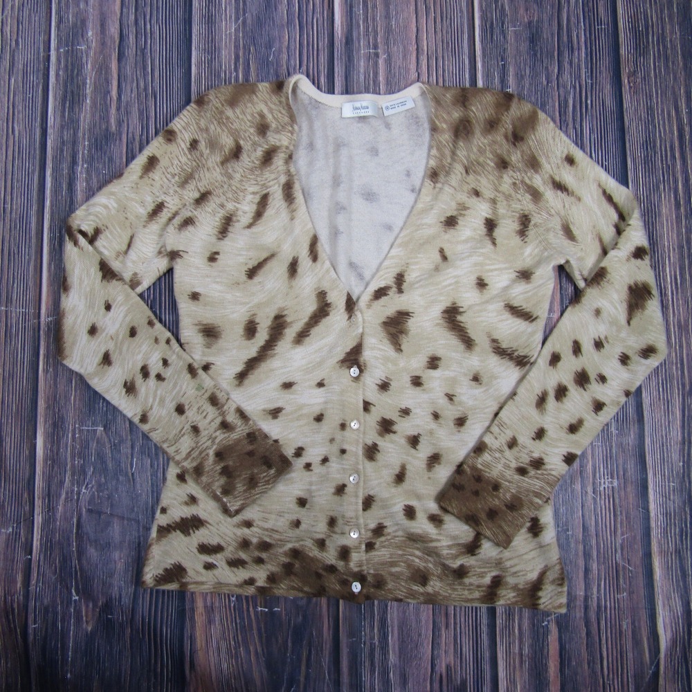Neiman Marcus Womens Medium Cashmere Cardigan Sweater Button Up Animal Print
